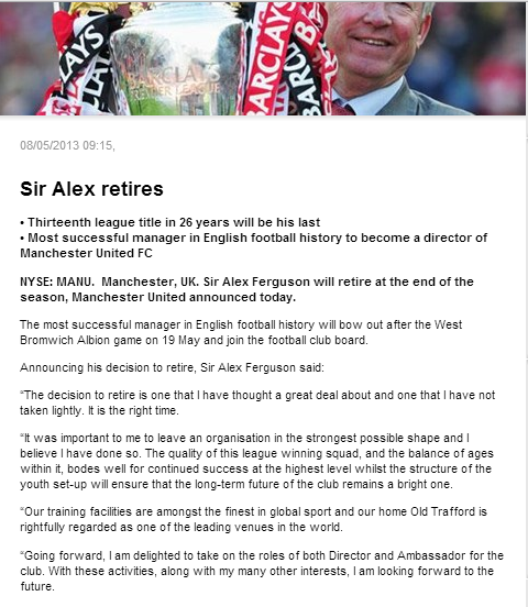 sir alex ferguson retired Sir Alex Ferguson has left the club Manchester United